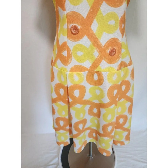 Womens 70s Vintage Party Dress Yellow Orange Printed Pleated Mod - Picture 2 of 7